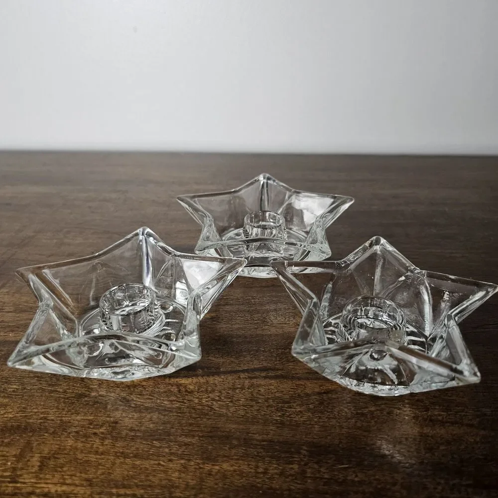 Set of 3 Vintage Clear Glass 5-Point Star Taper Candle Holders Celestial Decor